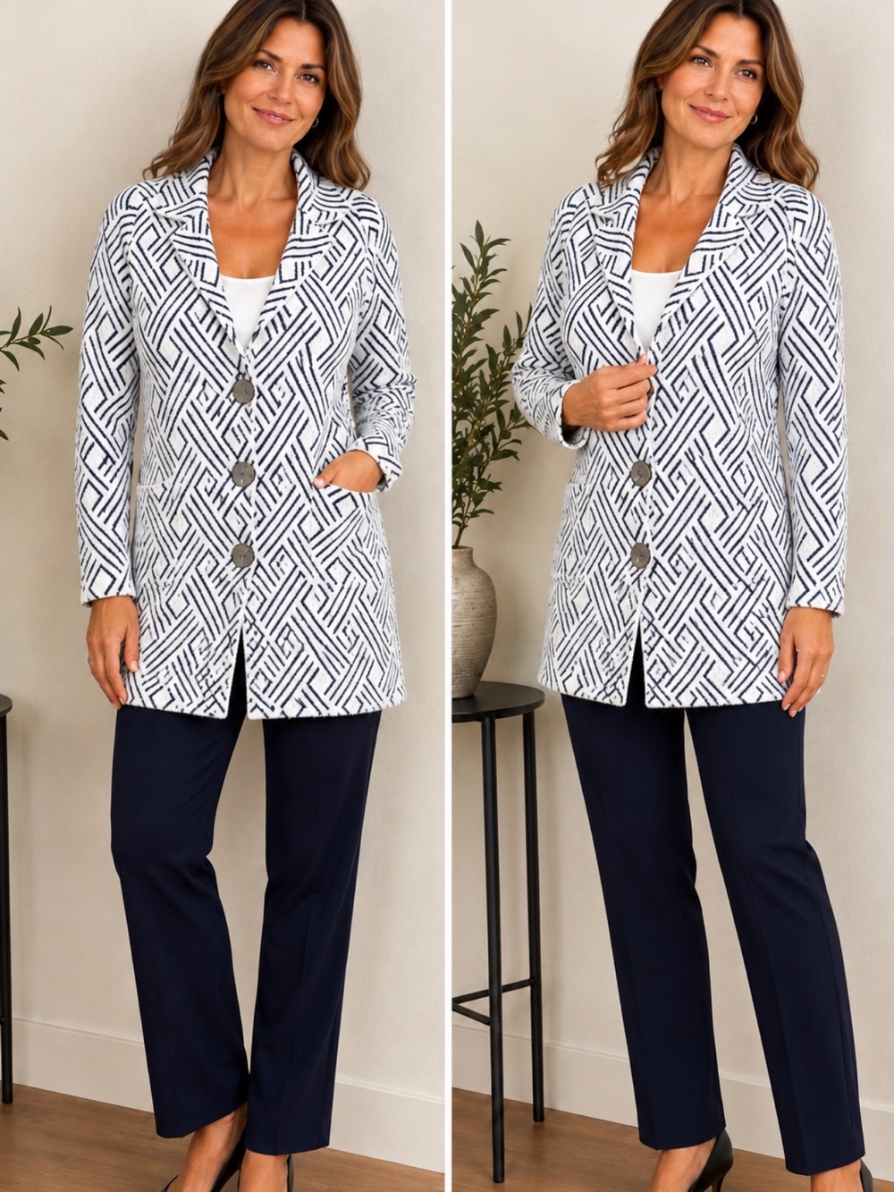 Absolutely Famous Sz M Geometric Knit Metal Button Cardigan White/Black Rayon/N